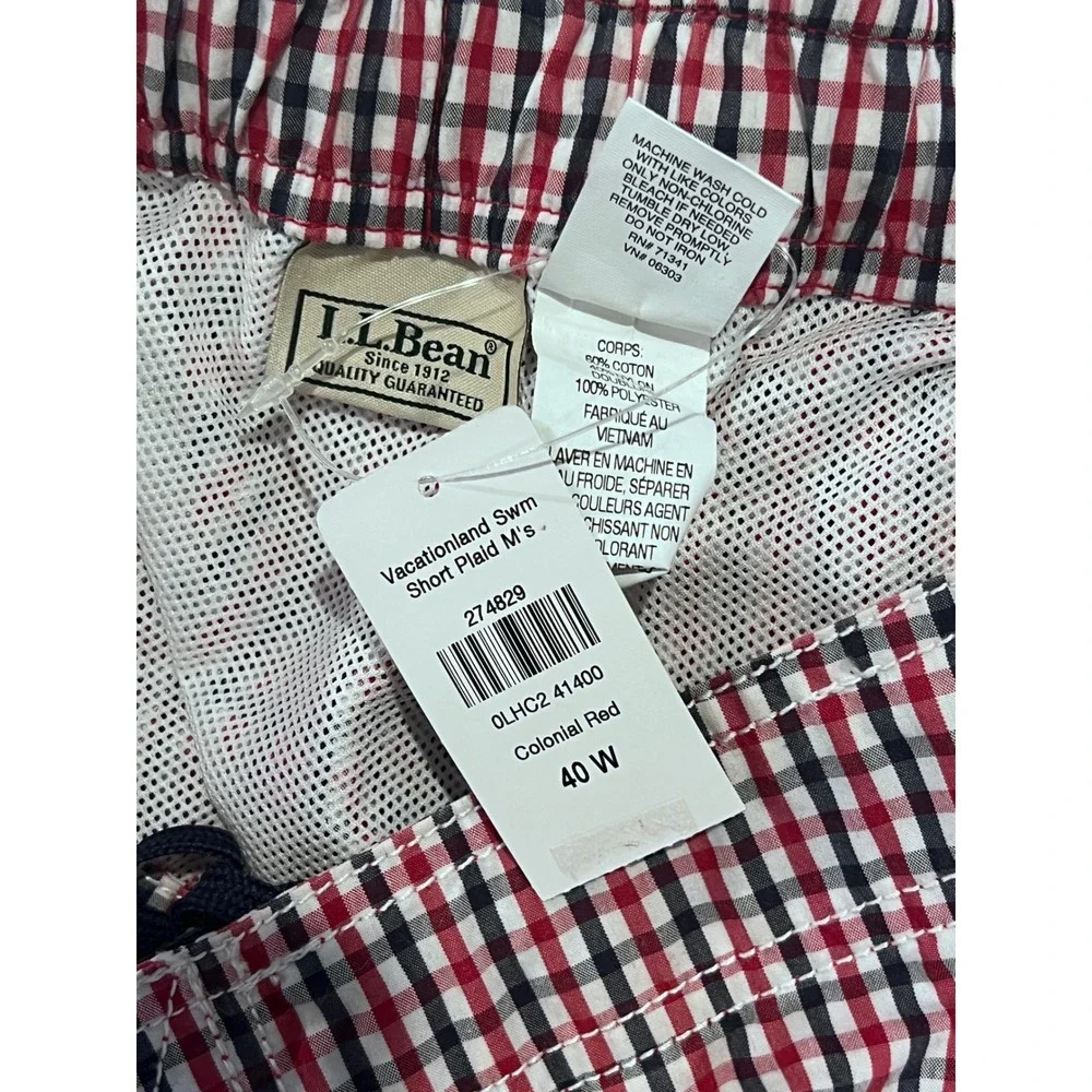 LL Bean Mens 40W Vacationland Swim Short Plaid Cargo Preppy NWT‎